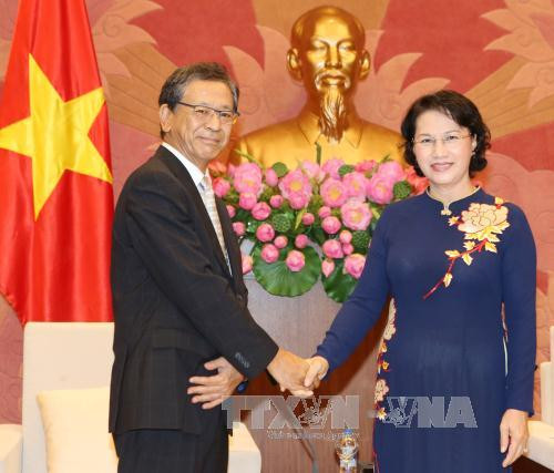 越南国会主席阮氏金银会见前来辞行拜会的日本驻越大使大岛浩。（图片来源：越通社）