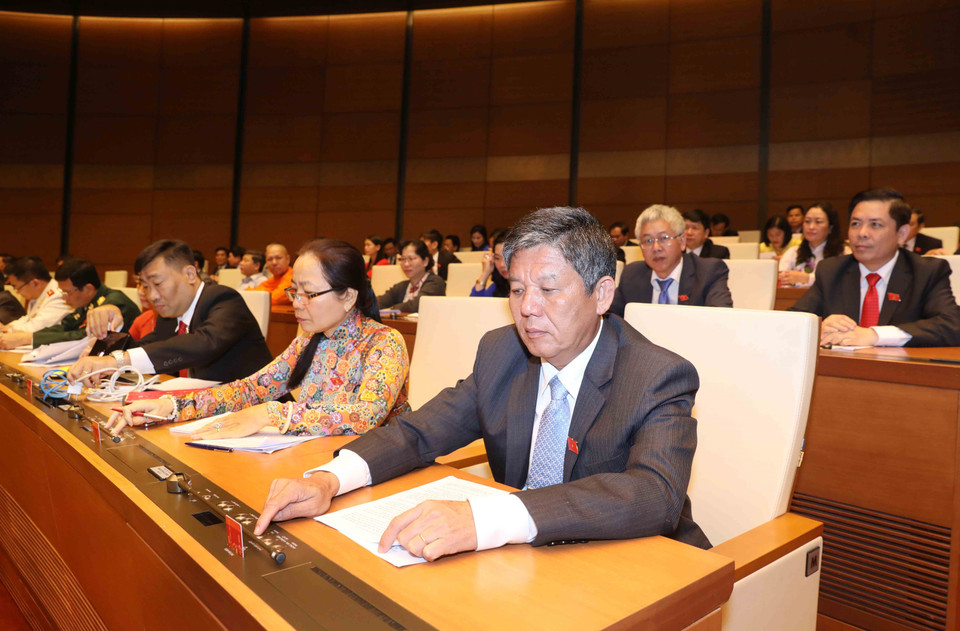 茶荣省国会代表表决通过关于质询和答复质询决议。（图片来源：越通社）