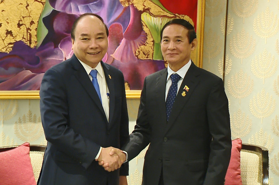 阮春福会见缅甸总统吴温敏。 越通社记者 统一 摄