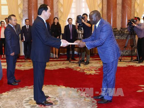 陈大光主席接受几内亚比绍共和国驻越大使马兰 · 桑布（Malam Sambu） 递交的国书。