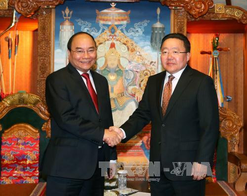 蒙古国总统查希亚·额勒贝格道尔吉会见阮春福总理。（图片来源：越通社）
