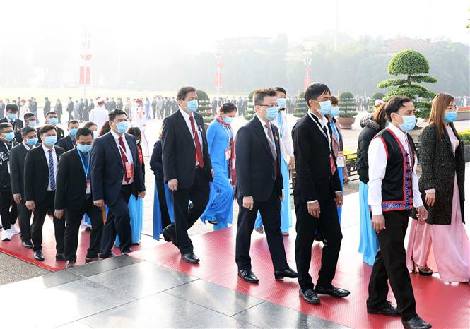 出席第十次全国爱国竞赛大会代表团拜谒胡志明主席陵，向胡志明主席敬献花圈并入陵瞻仰胡志明主席遗容。越通社记者 统一 摄