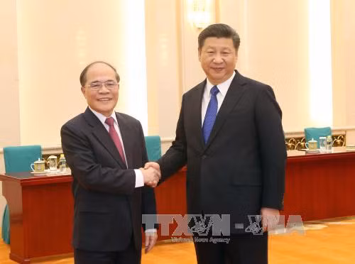  12 月 23 日下午在人民大会堂，越南国会主席阮生雄会见了中共中央总书记、中国国家主席习近平。（图片来源：越通社）
