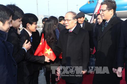  越南驻中国特命全权大使邓明魁，大使馆官员、干部和旅华越侨和越南人等来到机场迎接阮生雄主席一行。（图片来源：越通社）