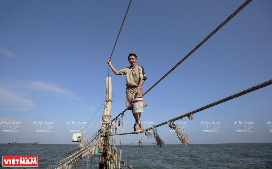 从事桩网捕捞的渔民可以踩在缆索“走绳”。越南画报记者 通海 摄