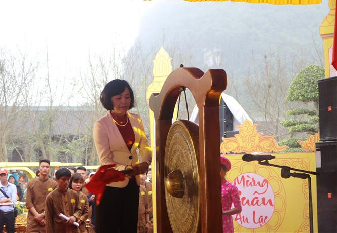 越共中央委员、宁平省省委书记阮氏清在开庙仪式上打锣开庙。越通社记者 宁德方 摄。