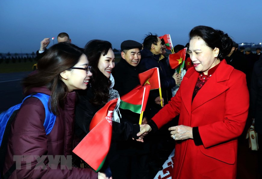 陪同阮氏金银访白的有：越南政府副总理王廷惠，越南国会副主席汪周刘，越共中央委员、国会对外委员会主任阮文酉，越共中央委员、国会秘书长、国会办公厅主任阮幸福，越共中央委员、国会科技与环境委员会主任、越俄友好议员小组主席潘春勇，安沛省委书记、人民议会主席范氏青茶，槟知省委书记潘文卖等。图自越通社