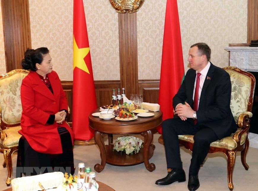 越南国会主席阮氏金银会见白俄罗斯议会上院副主席伊萨琴科。图自越通社