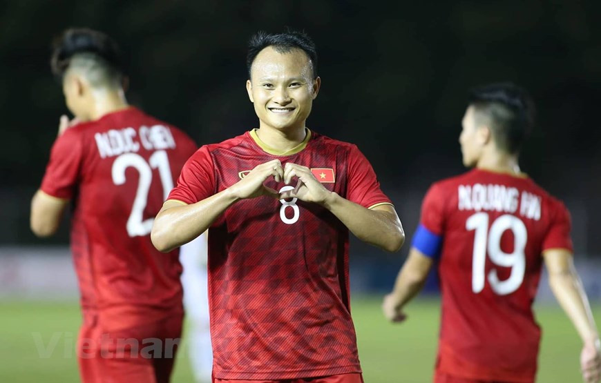 第84分钟，越南球员仲黄打破了老挝队的球门。图自Vietnamplus