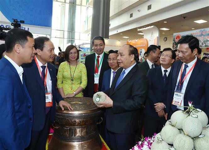 阮春福与企业代表交谈。越通社记者统一 摄