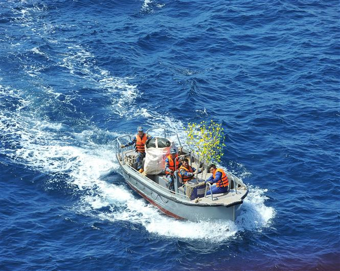 战士们把各种春节开花的花卉送到DK1 海上高脚屋，让干部战士们深深感受到家乡的春节年味。图自越通社