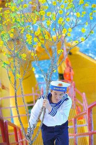 战士们把各种春节开花的花卉送到DK1 海上高脚屋，让干部战士们深深感受到家乡的春节年味。图自越通社