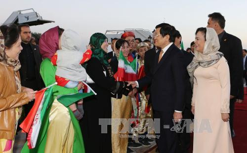 伊朗内阁部长、越南驻伊大使阮鸿石及越南驻伊大使馆干部人员、旅伊越南人代表，文莱、印度尼西亚、马来西亚、菲律宾和泰国驻伊大使赴机场迎接张晋创主席一行。（图片来源：越通社）