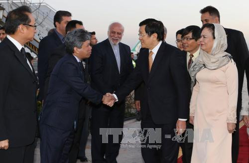 伊朗内阁部长、越南驻伊大使阮鸿石及越南驻伊大使馆干部人员、旅伊越南人代表，文莱、印度尼西亚、马来西亚、菲律宾和泰国驻伊大使赴机场迎接张晋创主席一行。（图片来源：越通社）