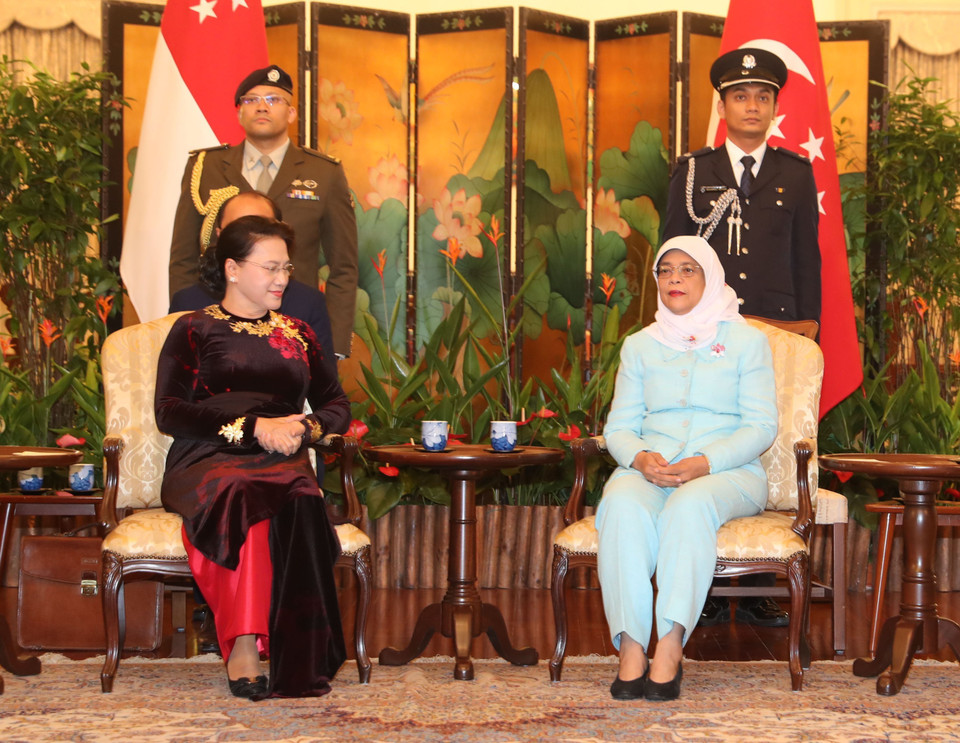 越南国会主席阮氏金银会见新加坡共和国总统哈莉玛·雅各布。越通社记者 仲德 摄