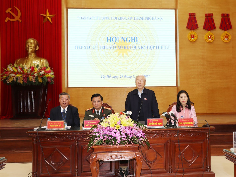 越共中央总书记阮富仲在见面会上发表讲话。越通社记者 智勇　摄