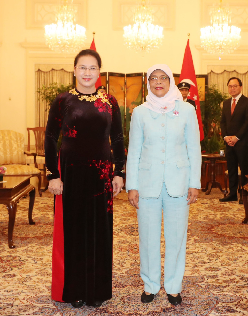 越南国会主席阮氏金银当地时间11月27日会见新加坡共和国总统哈莉玛·雅各布（Halimah Yacob)。越通社记者 仲德 摄