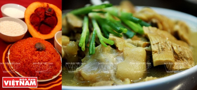 木鳖果糯米饭、肘子竹笋汤传统菜肴。