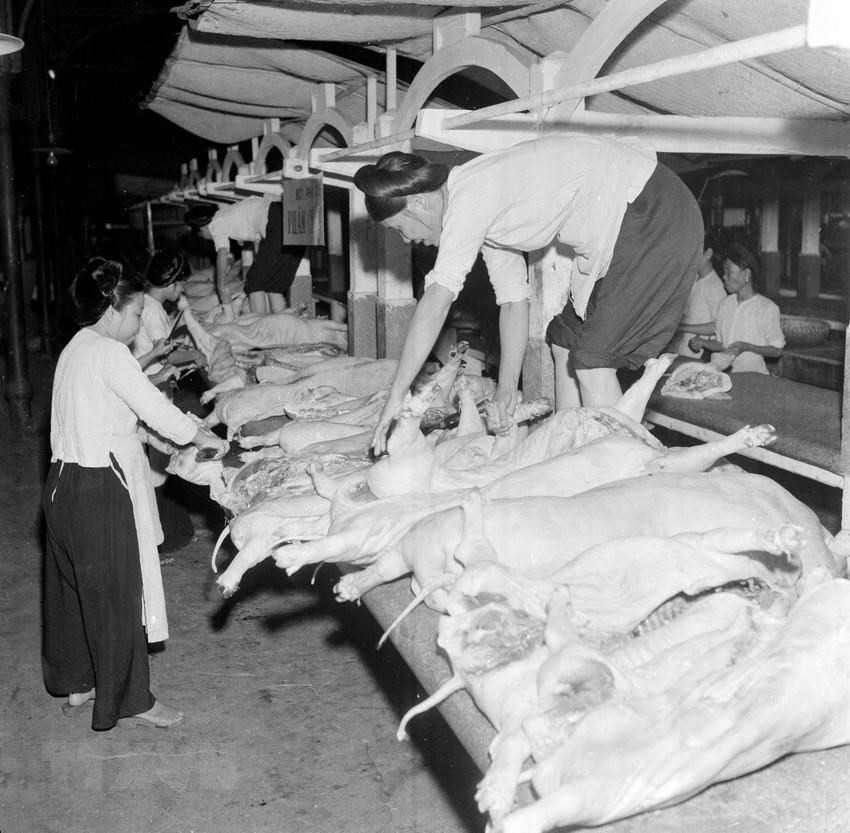 1961年11月，海防市铁集市猪肉摊准备为人民提供猪肉。图自越通社