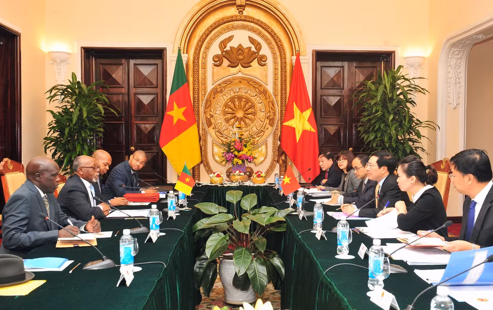 越南政府副总理兼外交部长范平明与喀麦隆对外关系部长姆贝拉•姆贝拉•勒热纳举行会谈。（越通社记者阮康 摄）