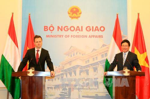  越南政府副总理兼外交部长范平明和匈牙利外交与对外经济部部长彼得·西亚尔托共同主持了记者会。（图片来源：越通社）