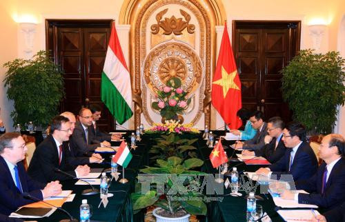  越南政府副总理兼外长范平明同彼得·西亚尔托部长举行会谈。（图片来源：越通社）