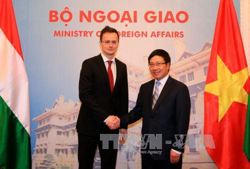  越南政府副总理兼外长范平明迎接彼得·西亚尔托部长。（图片来源：越通社）