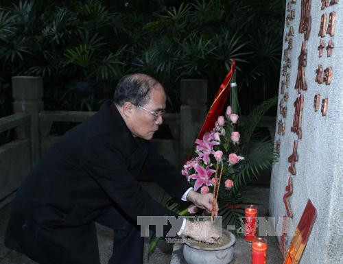  阮生雄主席来到范鸿泰烈士之墓敬香敬献花圈。（图片来源：越通社）