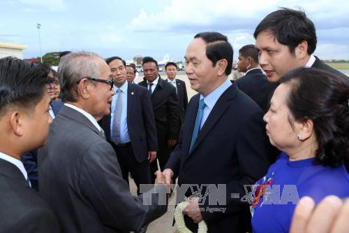  柬埔寨皇家代表，越南驻柬大使馆干部和工作人员赴机场迎接陈大光主席一行。