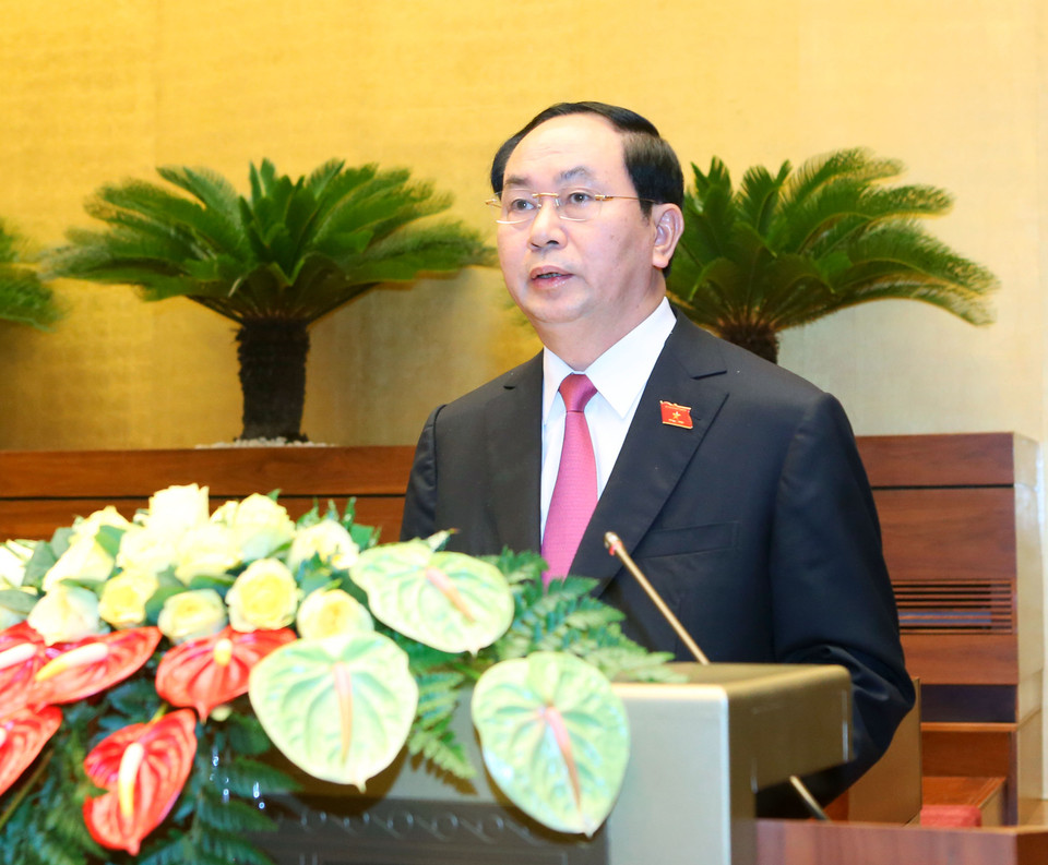 越南国家主席陈大光在宣誓就职仪式后发表讲话。（图片来源：越通社）