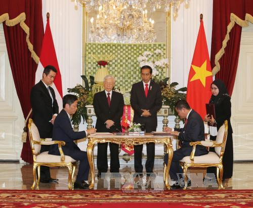 阮富仲与佐科·维多多共同见证越南工贸部和印尼能源和矿产资源部之间关于在边境地区使用天然气的合作备忘录的签字仪式。（图片来源：越通社）