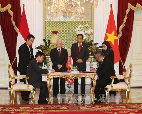 两位领导见证越南农业与农村部和印尼农村、落后地区发展与移民部之间的信息发展合作备忘录的签字仪式。（图片来源：越通社）