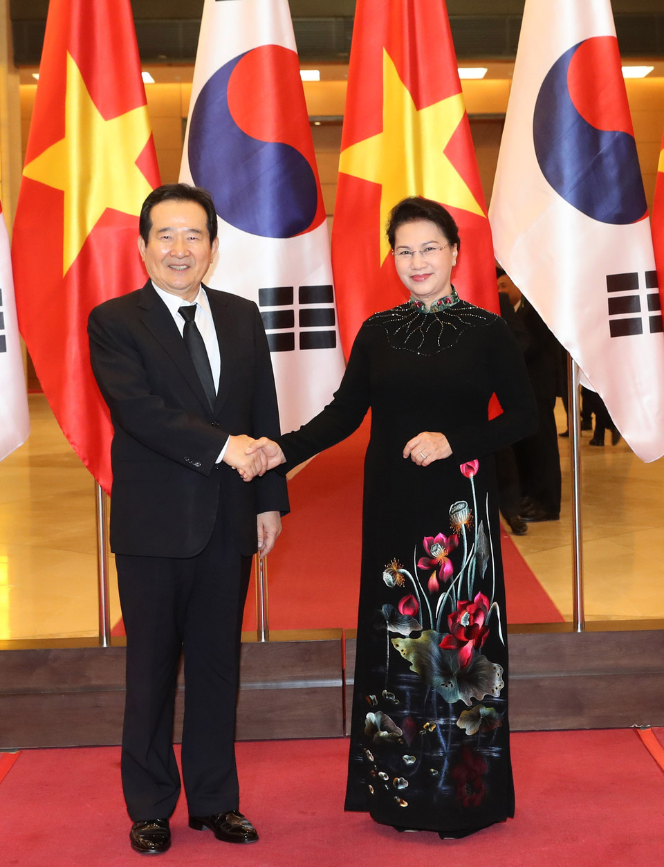 越南国会主席阮氏金银（右）和韩国国会议长丁世均。（图片来源：越通社）