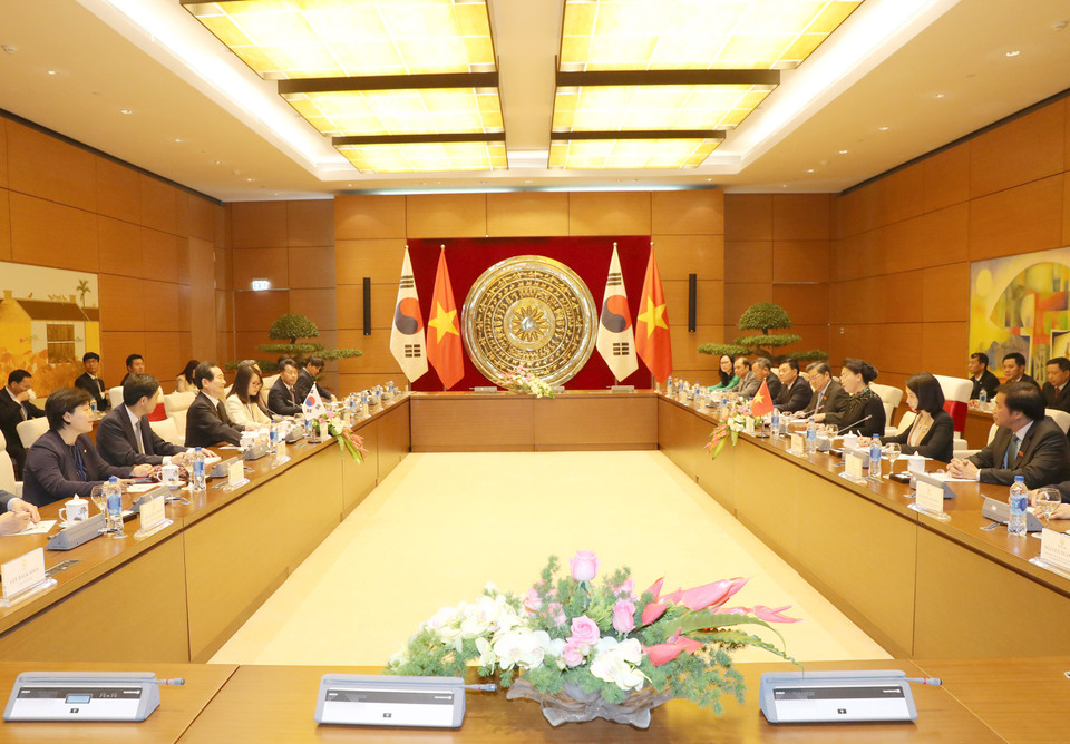 越南国会主席阮氏金银与韩国国会议长丁世均举行会谈。（图片来源：越通社）