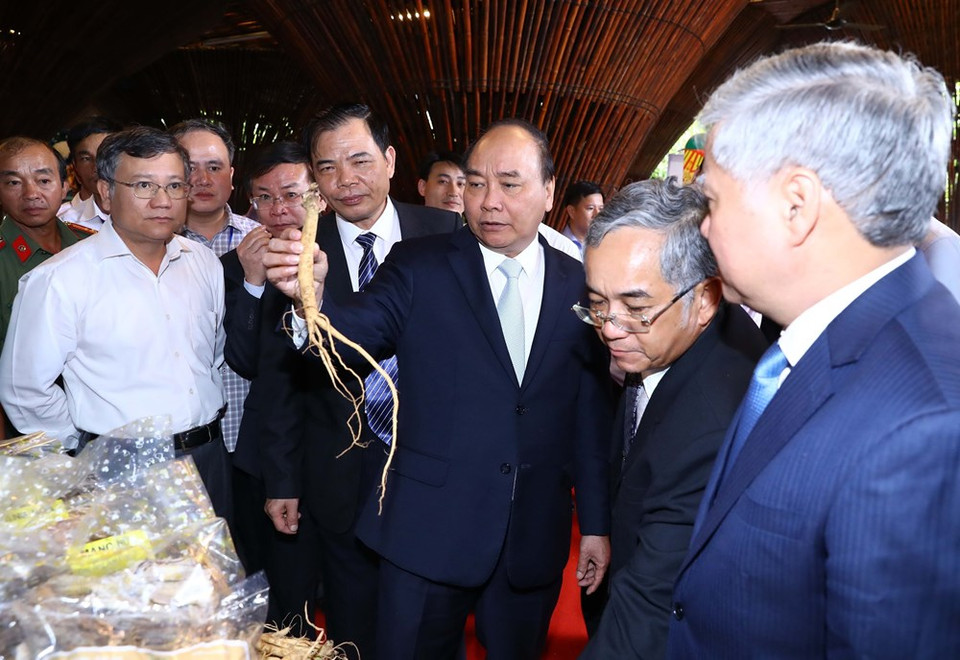 越南政府总理阮春福和与会代表参观产品展区。越通社记者 统一 摄