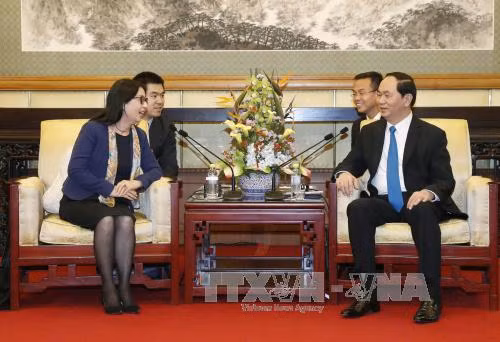国家主席陈大光（右）会见中国华为集团董事长孙亚芳。（图片来源：越通社）