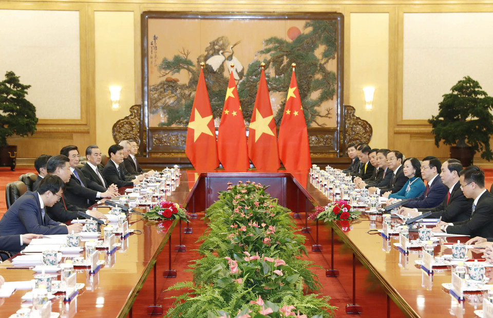 越南国家主席陈大光在北京人民大会堂与中国国家主席习近平举行会谈。（图片来源：越通社）