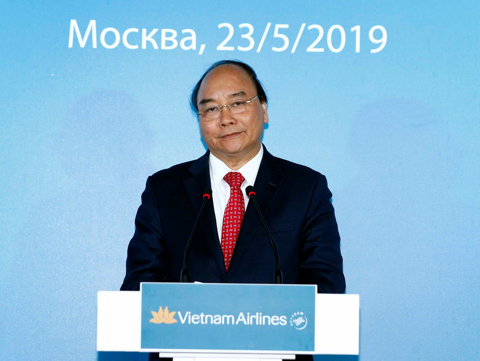 越南政府总理阮春福出席Vietnam Airlines越南至俄罗斯直达航线开通15周年纪念典礼。图自越通社