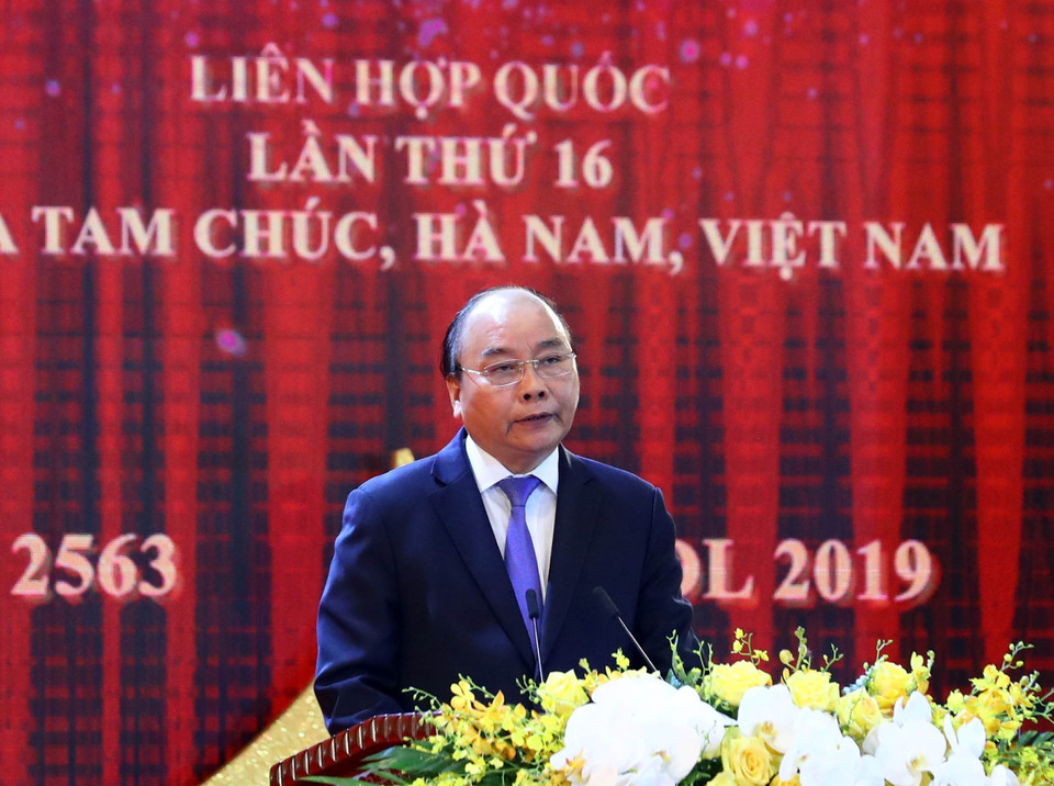 越南政府总理阮春福在2019年联合国卫塞节开幕式上发表讲话。图自越通社