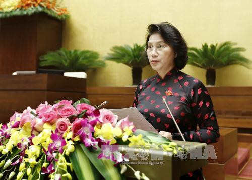 越南国会主席阮氏金银在会议上致开幕词。（图片来源：越通社）