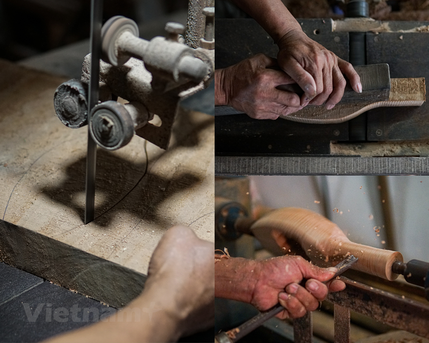 从原木到成品月饼模具，要经过许多阶段：锯木、防潮处理以防木材损坏、按客户要求切割工件、打磨、上墨，然后用油润滑它等。对于常规的模具，陈先生大约需要 3 个小时就能完成，对于客户特定制作的磨具，他可能需要数周到数月才能完成。图自Vietnam+