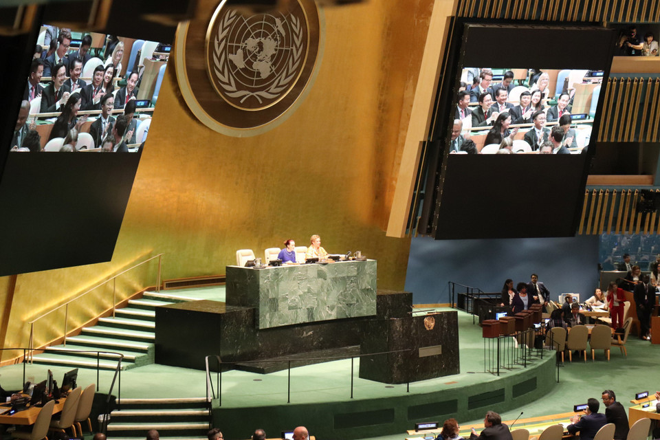  联合国大会主席玛丽亚·费尔南达·埃斯皮诺萨(María Fernanda Espinosa)正式公布越南当选2020年和2021年安理会非常任理事国。越通社驻美国记者 摄