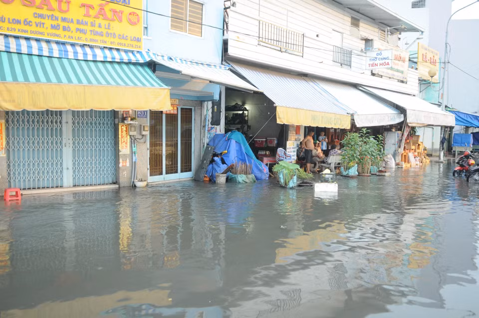9月29日，因潮汐高涨引起胡志明市多地严重淹水，影响到居民的生活。图自越通社