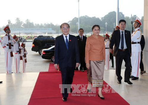 越南国会主席阮生雄会见老挝国会主席巴妮•雅陶都。（图片来源：越通社）