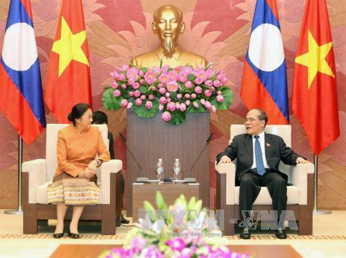 越南国会主席阮生雄会见老挝国会主席巴妮•雅陶都。（图片来源：越通社）
