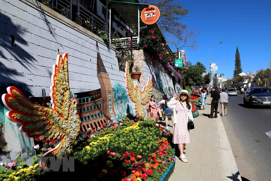大乐市黎大行街花卉空间聚集很多游客。图自越通社