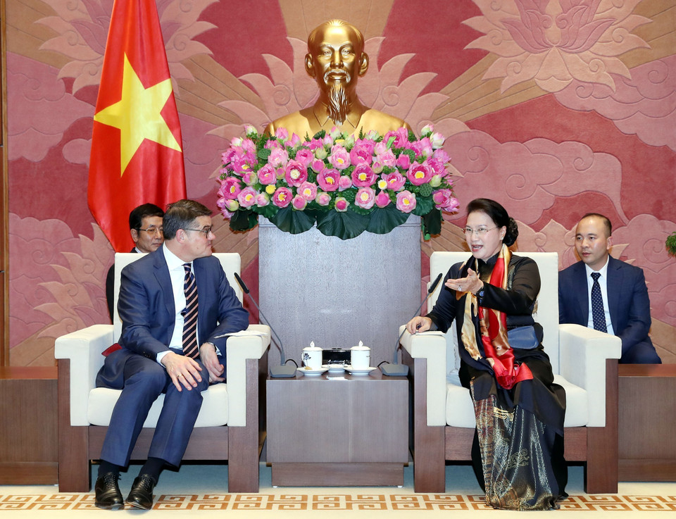 2019年11月12日，越南国会主席阮氏金鹰会见德国黑森州议会议长博利斯•莱茵（Boris Rhein）。越通社记者 仲德 摄