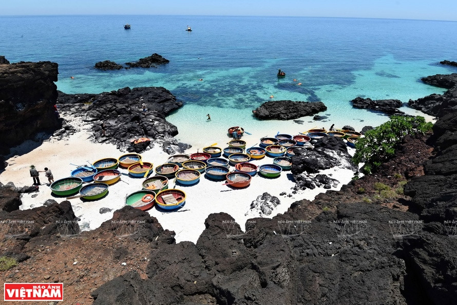 李山岛安平乡供游客潜水观赏珊瑚的竹筐船。图片来源：越通社