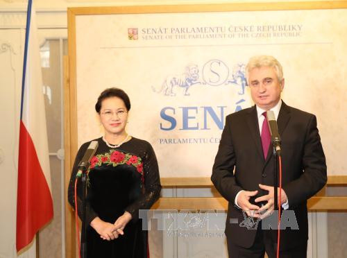 越南国会主席阮氏金银会和捷克参议院主席米兰•什捷赫共同会见记者。