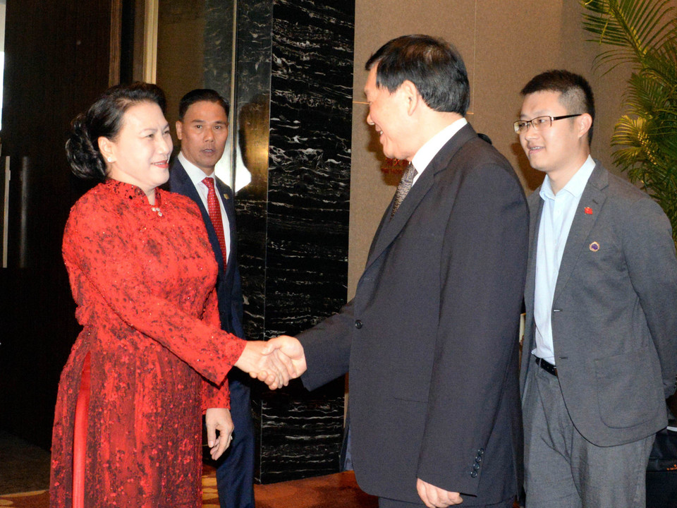 越南国会主席阮氏金银会见中国江苏省省委书记娄勤俭。越通社记者 仲德 摄